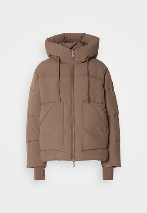 Brown puffer jacket with a hood, featuring a zip front, two large front pockets, and ribbed cuffs. Smooth texture and quilted design.