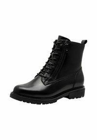Bottines en cuir noir avec un bout arrondi, un laçage à l'avant, une fermeture éclair sur le côté et une semelle en caoutchouc texturé. Présente des détails de couture minimalistes.
