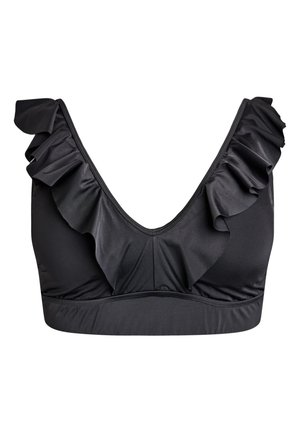 Melns bikini tops ar dziļu V-veida izgriezumu un volānveida apmali gar izgriezumu un siksniņām, paredzēts peldkostīmam.