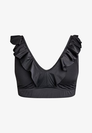 Black bikini top with deep V-neck and ruffled trim along the neckline and straps, designed for swimwear.