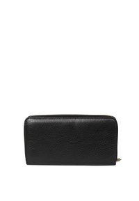 Black leather wallet with a pebbled texture, zip closure, rectangular shape, and gold-tone hardware. Simple and functional design.
