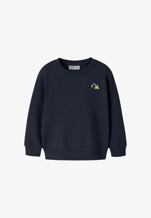 Dziecięca granatowa bluza z długim rękawem z prążkowanymi mankietami i dołem, z małą żółtą grafiką koparki na lewej piersi.