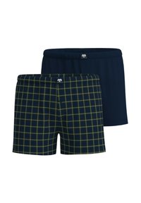 Twee paren herenboxershorts, één effen marineblauw en één marineblauw met een lichtgroen en beige geruit patroon, beide met elastische taillebanden.