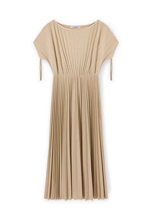 Beżowa plisowana sukienka midi z krótkimi rękawami, marszczonym stanem i prążkowaną fakturą, z regulowanymi sznurkami na rękawach.