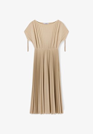 Beige plisseret midi-kjole med korte ærmer, smalnet talje og ribbet tekstur, med justerbare bindebånd på ærmerne.