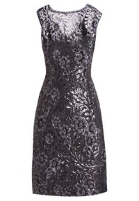 Kort klänning med en figursydd silhuett, gjord av mörkgrå tyg med paljetter och blommönster samt volangärmar. Genomskinlig detalj vid halsen.