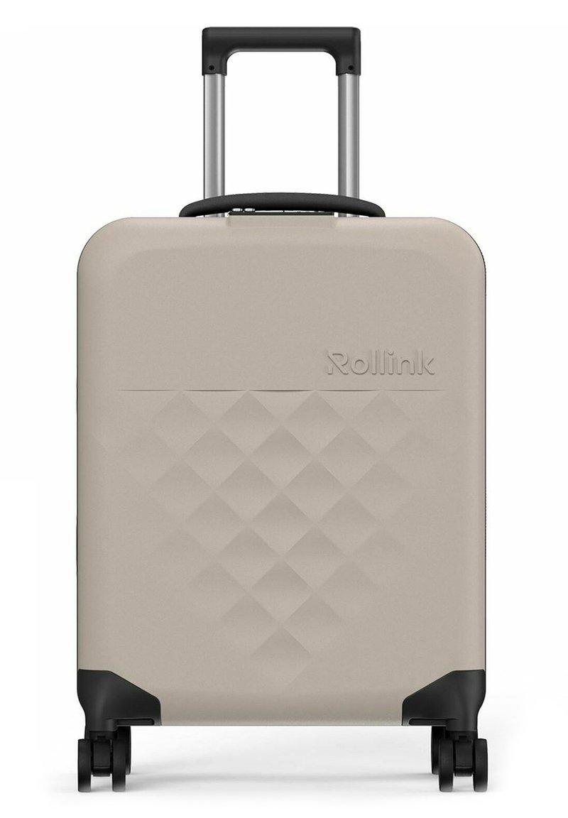 Valigia rigida di color beige chiaro con motivo a rombi, ruote nere e manico retrattile. Nome del brand "Rollink" impresso sul davanti.