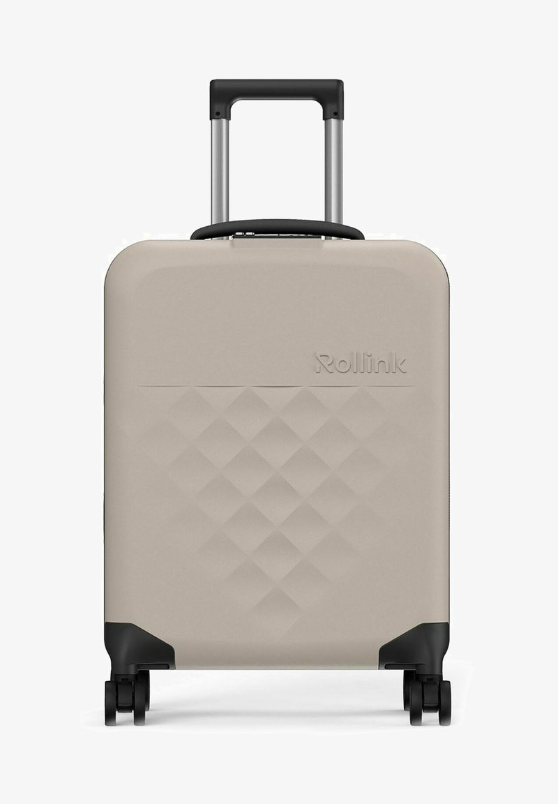 Helle beige Hartschalenkoffer mit einem Diamantmuster, schwarzen Rollen und einem ausziehbaren Griff. Markenname "Rollink" prägte auf der Vorderseite.