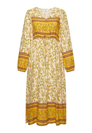 Long-sleeve dress in a floral print, featuring a white base, yellow, and purple striped accents at the waist and sleeves, with a drawstring tie.