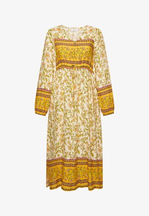 Long-sleeve dress in a floral print, featuring a white base, yellow, and purple striped accents at the waist and sleeves, with a drawstring tie.