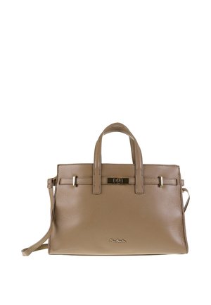 Schultertasche aus mittelbraunem Leder mit doppelten Obergriffen, abnehmbarem Schulterriemen und kleinem metallischen Logodesign auf der Vorderseite.