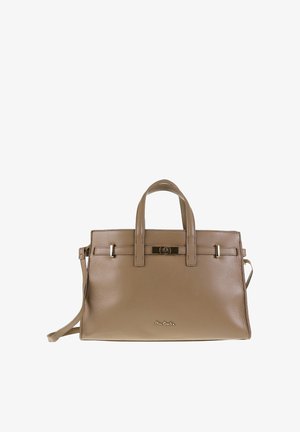 Borsa a tracolla in pelle marrone medio con doppio manico superiore, tracolla removibile e piccolo dettaglio in metallo logo sul davanti.