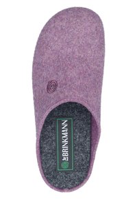 Purple felt slipper with a rounded shape, featuring a spiral design accent and gray inner lining. Green "Brinkmann" label visible.