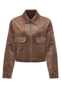 Brown corduroy cropped jacket featuring a front zip, pointed collar, two chest pockets, and ribbed cuffs and hem. Textured finish throughout.