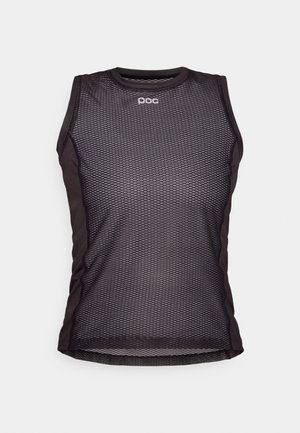 Camiseta deportiva sin mangas negra con un diseño de malla, que presenta un escote redondeado y el logotipo de POC. La tela parece ligera y transpirable.