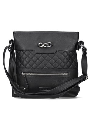 Sac à main en cuir noir avec texture matelassée, orné d'une chaîne en acier inoxydable, d'une poche zippée à l'avant et d'une bandoulière réglable.