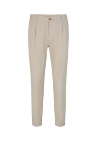 Pantalon plissé beige avec une ceinture et une fermeture à bouton. Fabriqué en tissu léger, avec une coupe droite et une texture lisse.