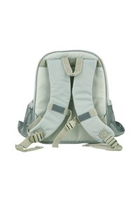 Hellgrüner Rucksack mit gepolsterten Trägern, verstellbaren Schnallen, Netztaschen an der Seite und einer glatten, strukturierten Stoffoberfläche.