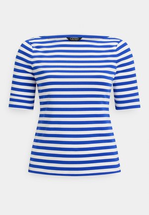 Women's blue and white horizontal striped short-sleeve shirt with a boat neckline and fitted silhouette.