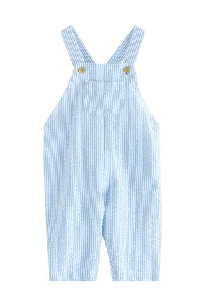 Salopette a righe blu e bianche realizzata in tessuto strutturato, con spalline regolabili, bottoni decorativi e una tasca frontale.