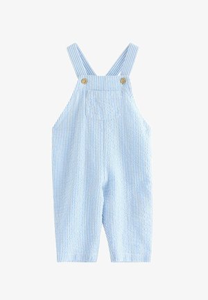 Blå og hvide stribede overalls lavet af tekstureret stof, med justerbare stropper, knapdetaljer og en frontlomme.