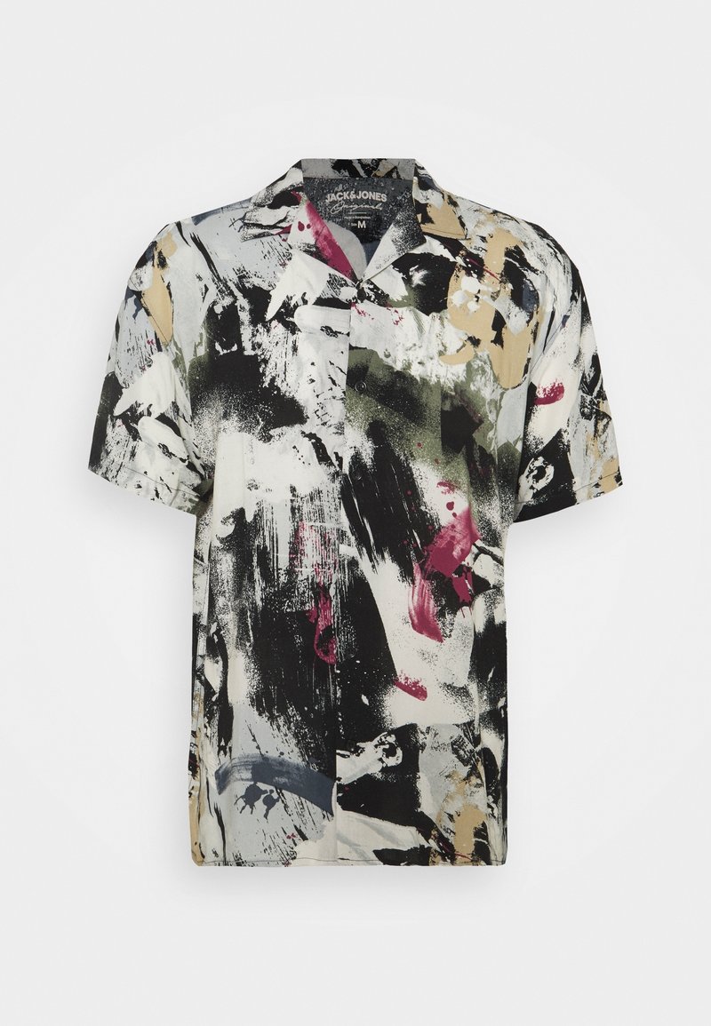 Chemise à manches courtes à boutons avec un motif abstrait de coups de pinceau en noir, blanc, beige, vert et rouge, taille moyenne.