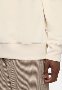 Sudadera color crema con puños y dobladillo acanalados. Presenta una pequeña etiqueta de la marca en el lateral. Combinada con pantalones marrones a rayas.