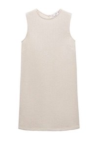 Hihaton kermavärinen tiukkaleikkauksinen mekko, jossa on pyöreä kaula-aukko ja takana vetoketju.