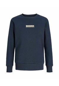 Felpa blu navy a maniche lunghe con polsini e orlo a costine, con la scritta "BANGKOK" e una stampa più piccola in bianco sul petto.