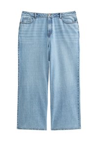 Ljust blå denimculotter med hög midja, vida ben och femficksdesign med kontrasterande sömmar och knappstängning.