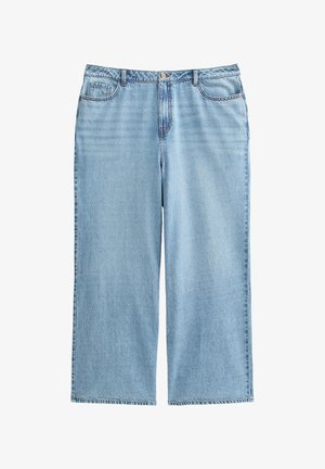 Culottes de mezclilla azul claro con cintura alta, piernas anchas y diseño de cinco bolsillos, con costuras en contraste y cierre de botón.