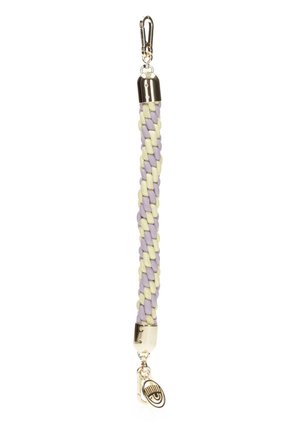 Cinghia intrecciata in lavanda e crema, con hardware dorato e chiusura a scatto. Superficie liscia con un motivo intrecciato.