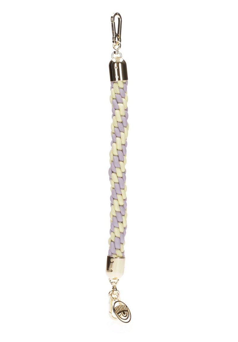 Cinghia intrecciata in lavanda e crema, con hardware dorato e chiusura a scatto. Superficie liscia con un motivo intrecciato.