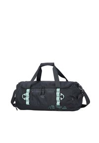 Sac de sport noir avec des accents bleus, doté de doubles poignées, d'une bandoulière réglable, de poches zippées et d'un texte graphique sur le côté.