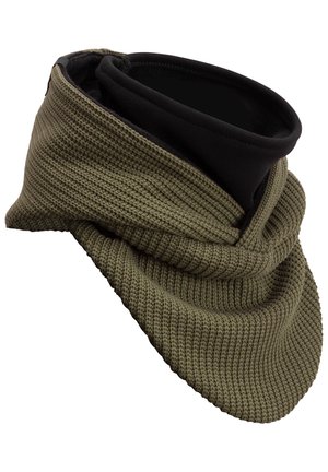 Olive green, textured cowl neck warmer with a black inner lining, featuring a soft, knitted exterior and a smooth, flexible fit.