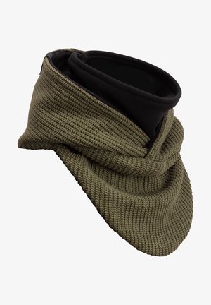 Olive green, textured cowl neck warmer with a black inner lining, featuring a soft, knitted exterior and a smooth, flexible fit.