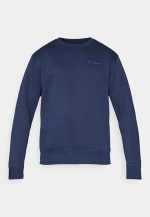 Felpa in cotone blu navy con maniche lunghe, scollatura rotonda e un piccolo logo blu sul lato sinistro del petto. Presenta un orlo e polsini a costine.