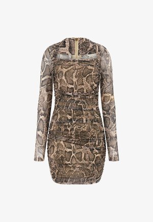Langdurige jurk in slangenprint, met een getailleerd silhouet, textuurstof en een ritssluiting aan de achterkant, met ruchesdetails overal.