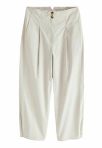 Pantalon cropped beige clair en tissu lisse. Présente deux poches avant, une fermeture à deux boutons et des détails plissés à la taille.
