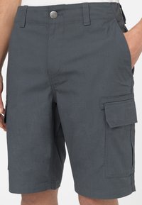 Shorts cargo gris en tissu léger, dotés de poches latérales, d'une coupe plate et d'une texture lisse, avec une fermeture à bouton sécurisée.