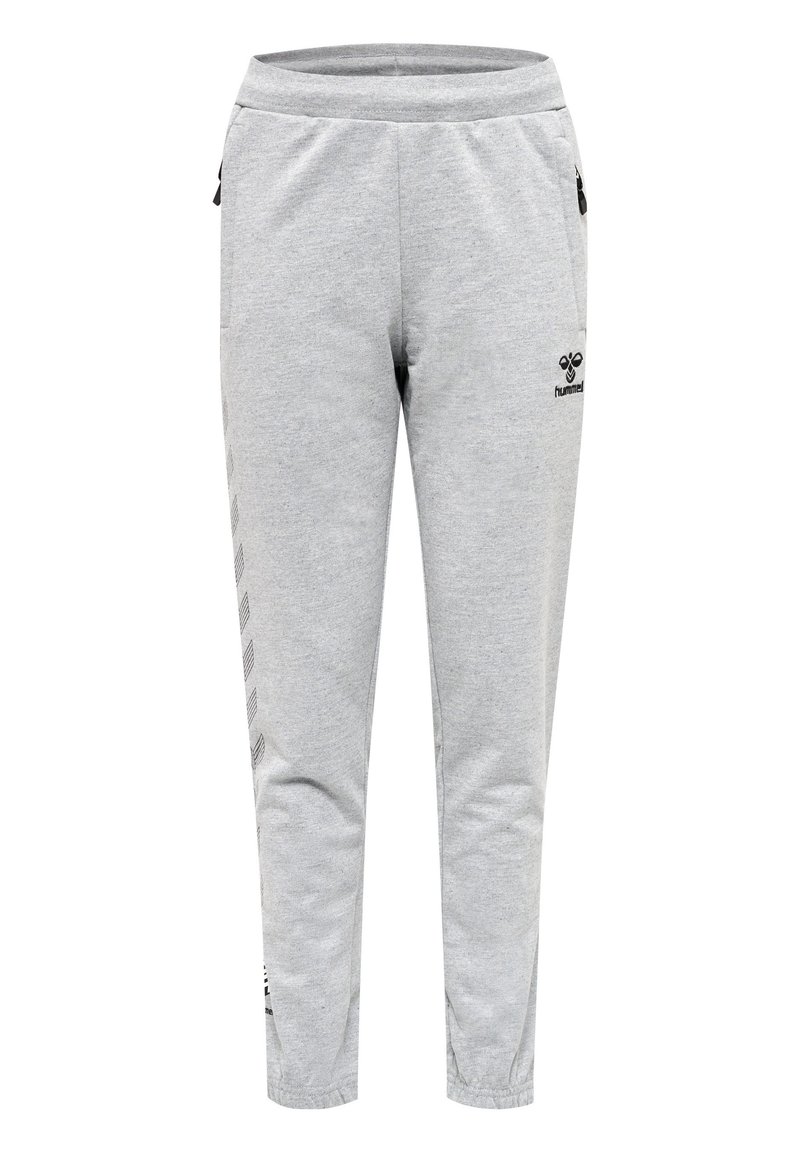 Graue Jogginghose aus weichem Material mit schmaler Passform, elastischem Bund, seitlichen Reißverschlusstaschen und dezentem Logo-Detail.