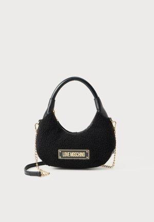 Black textured crescent handbag with short leather handle, gold chain strap, and "LOVE MOSCHINO" gold plaque on front.