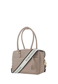 Borsa in pelle taupe con doppio manico superiore e una tracolla rimovibile bianca e nera con la scritta "Victoria Hyde London."