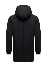 Čierna kapucňa parka s rovnou siluetou, ktorá má polstrovaný dizajn, elastické manžety a hladkú textúru. Čistý, minimalistický pohľad zozadu.