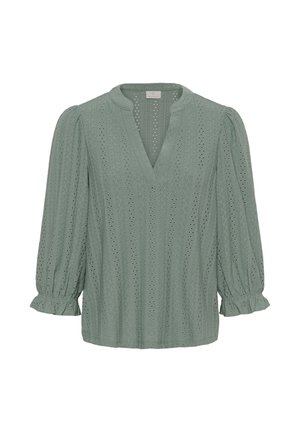 Svetlo zelená blúzka s výstrihom do V, nafúknutými dlhými rukávmi a volánikovými manžetami. Materiál má celoplošný textúrovaný vzor s dierkami.
