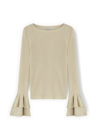 Top beige a maniche lunghe con scollatura rotonda e polsini a strati svasati. Il tessuto ha una leggera lucentezza, offrendo una texture morbida e una silhouette affusolata.