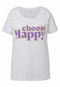 Hvid bomulds t-shirt med korte ærmer, prydet med "choose Happy" i lilla og gul tekstureret skrift på forsiden.