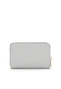 Gray faux leather wallet with a smooth texture, rectangular shape, black stitching accents, and a gold zipper pull on the side.