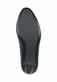 Svart skosole med en glatt, avrundet tå, teksturert design, merkevarelogo synlig, og størrelsesnummer "37" preget nær hælen.