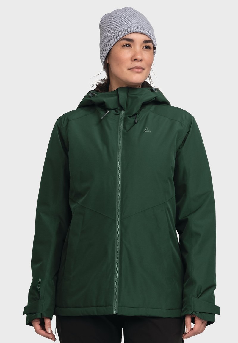 Grüne wasserdichte Jacke mit Kapuze, durchgehendem Reißverschluss und verstellbaren Bündchen. Sie hat eine glatte Textur und ein minimalistisches Design mit Logoakzenten.